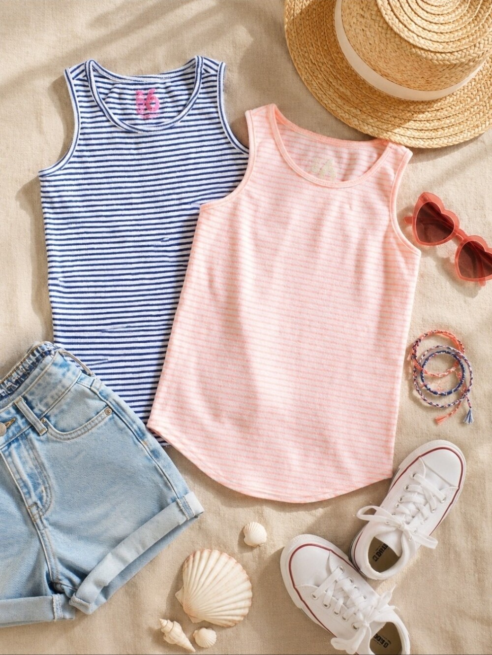 Cotton On Kids Girls Size 6 Striped Rib Tank Top Bundle Navy Coral Summer Basics